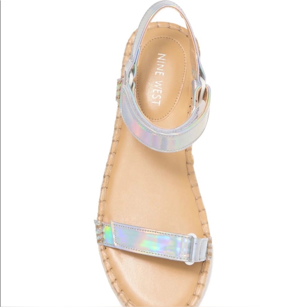 Nine West Silver Metallic Espadrilles Heel Ankle Strap Sandals